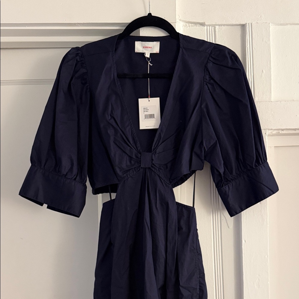 Xirena Dark Blue Puff Sleeve Cut Out Midi Dress